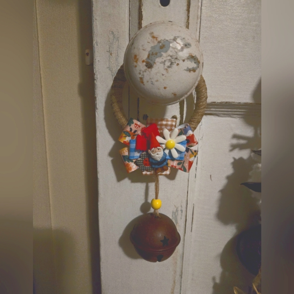 Rustic Garden Gnome Door Hanger Doorknob Hanger Folklore Daisy Ribbon Door Decor